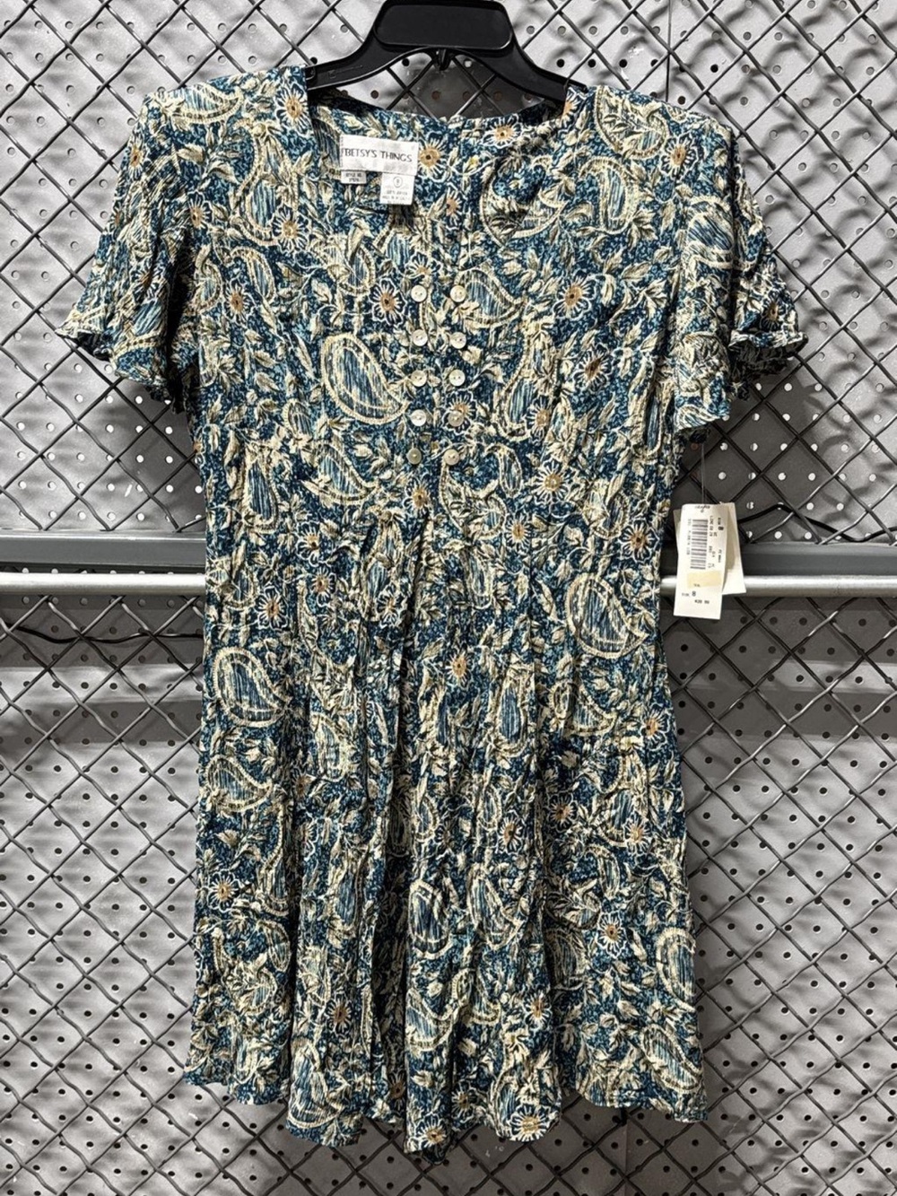 Blue Paisley Short Sleeve Button Front Dress New Old Stock
